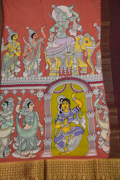 Kalamkari Printed Pure Crepe Mysore Silk Saree - Dark Peach & Chocolate Brown