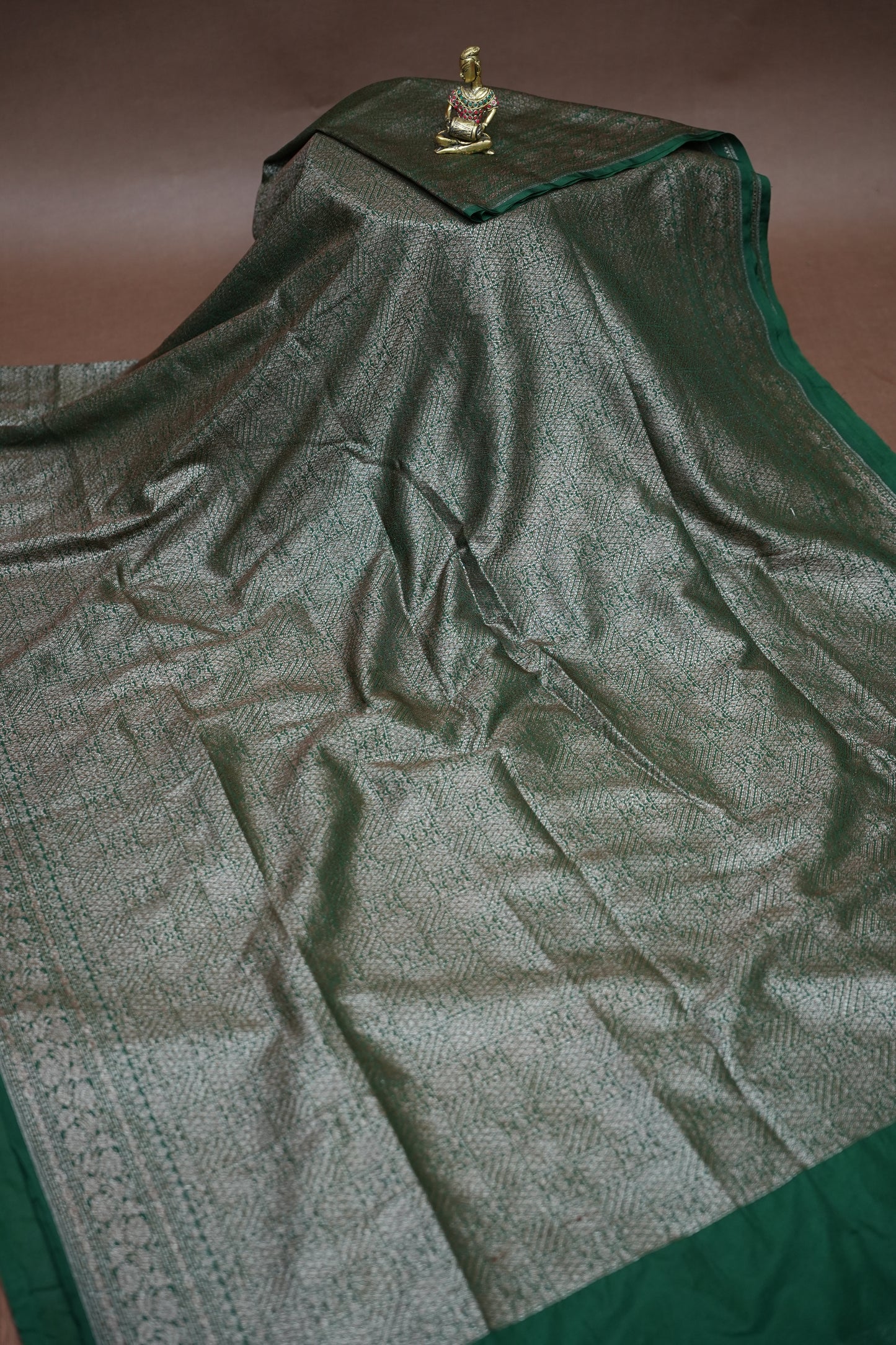 Pure Tussar Raw Silk Saree – Emerald Green Fully Brocade Weave with Rich Traditional Border