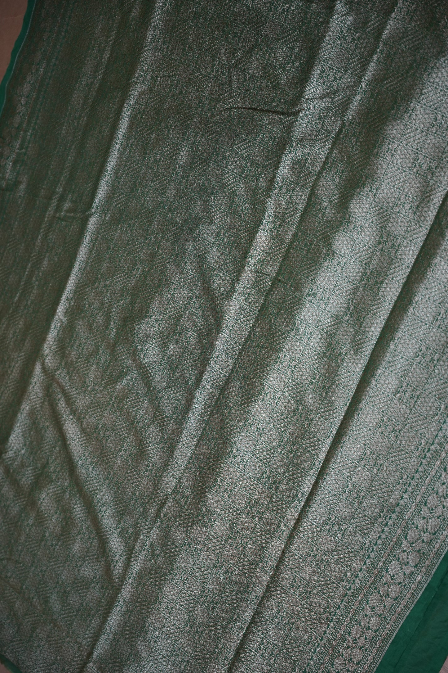 Pure Tussar Raw Silk Saree – Emerald Green Fully Brocade Weave with Rich Traditional Border