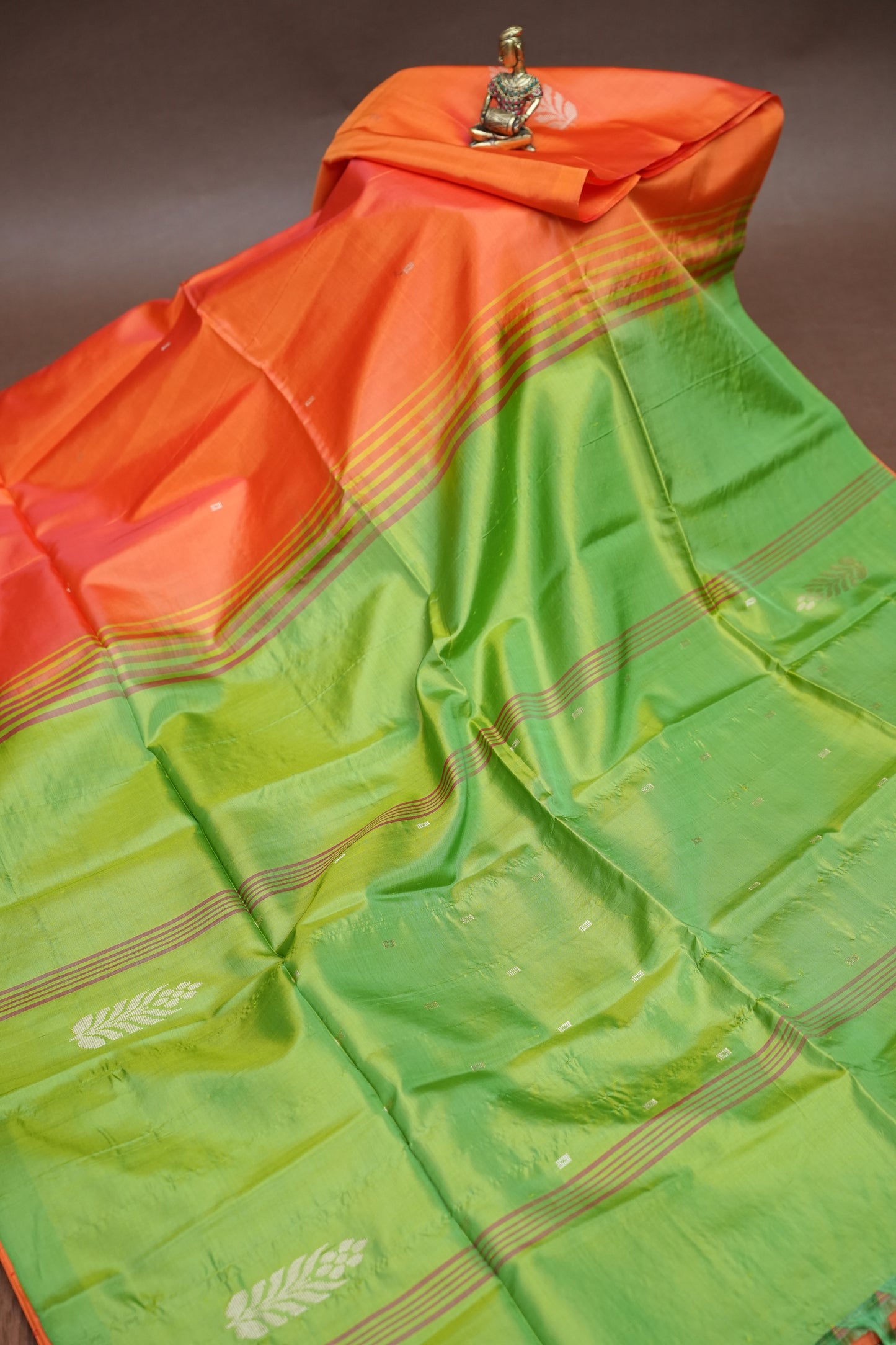 Handwoven Vegan Banana Pith Saree – Coral Orange & Parrot Green Dual-Tone Elegance