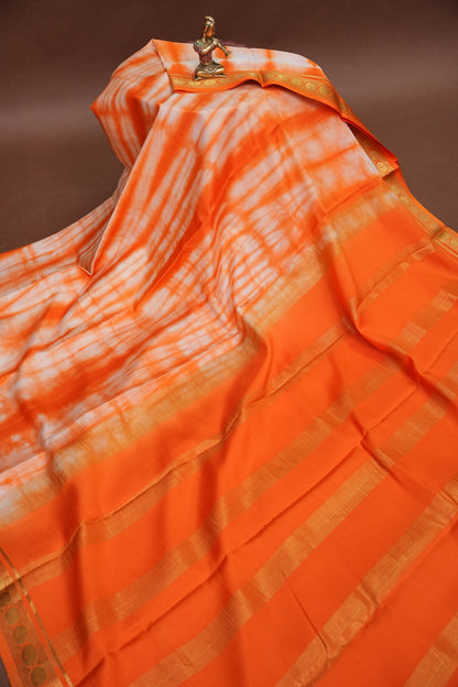 Shibori Tie & Dye Pure Crepe Mysore Silk Saree - Orange