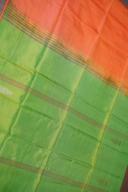 Handwoven Vegan Banana Pith Saree – Coral Orange & Parrot Green Dual-Tone Elegance