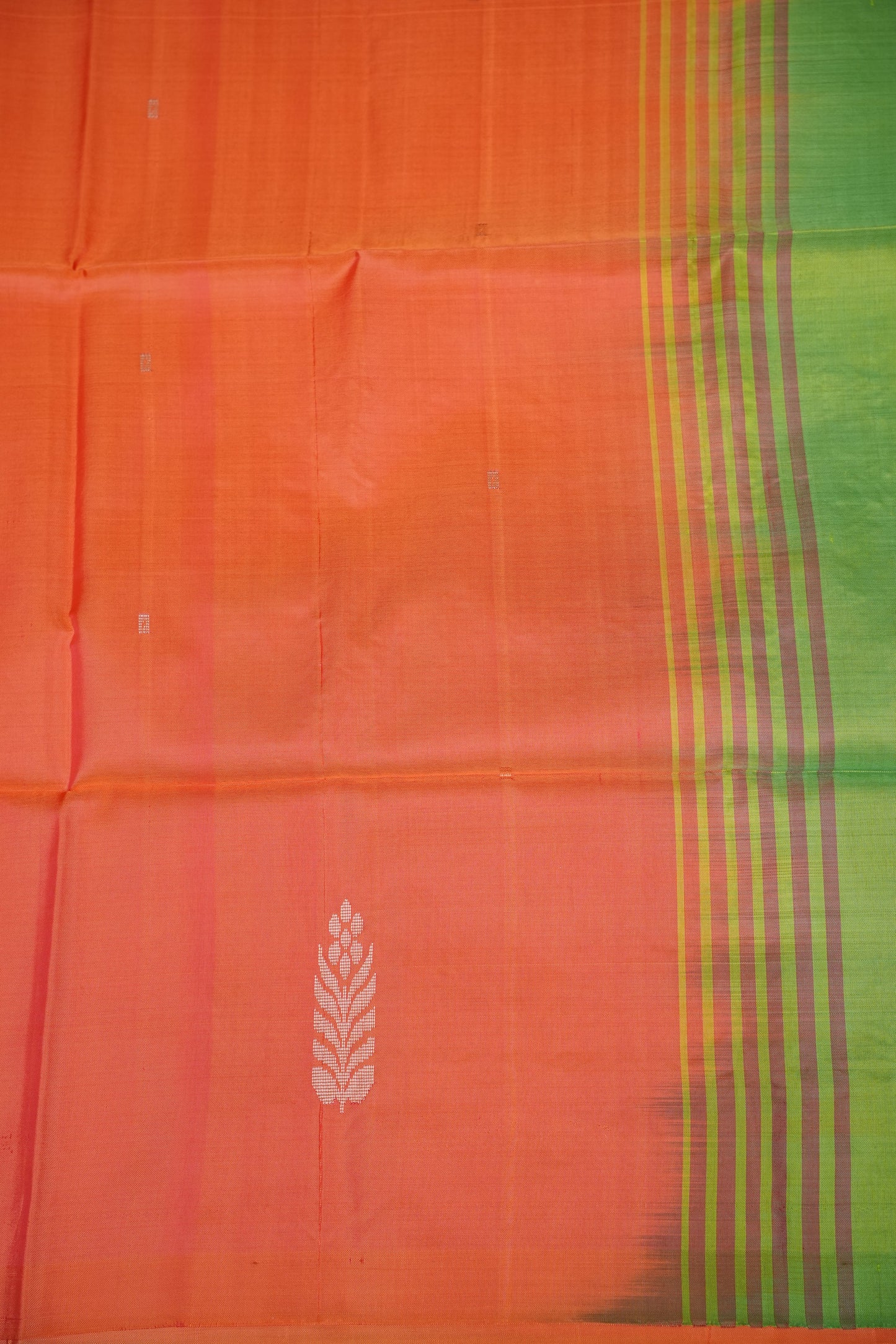 Handwoven Vegan Banana Pith Saree – Coral Orange & Parrot Green Dual-Tone Elegance