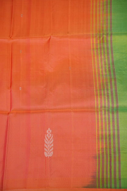 Handwoven Vegan Banana Pith Saree – Coral Orange & Parrot Green Dual-Tone Elegance