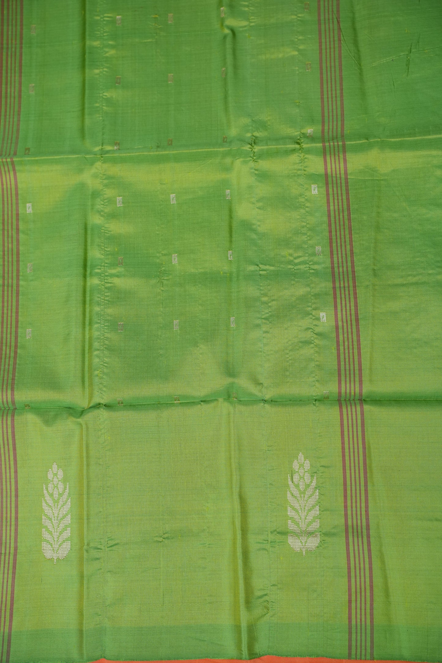 Handwoven Vegan Banana Pith Saree – Coral Orange & Parrot Green Dual-Tone Elegance