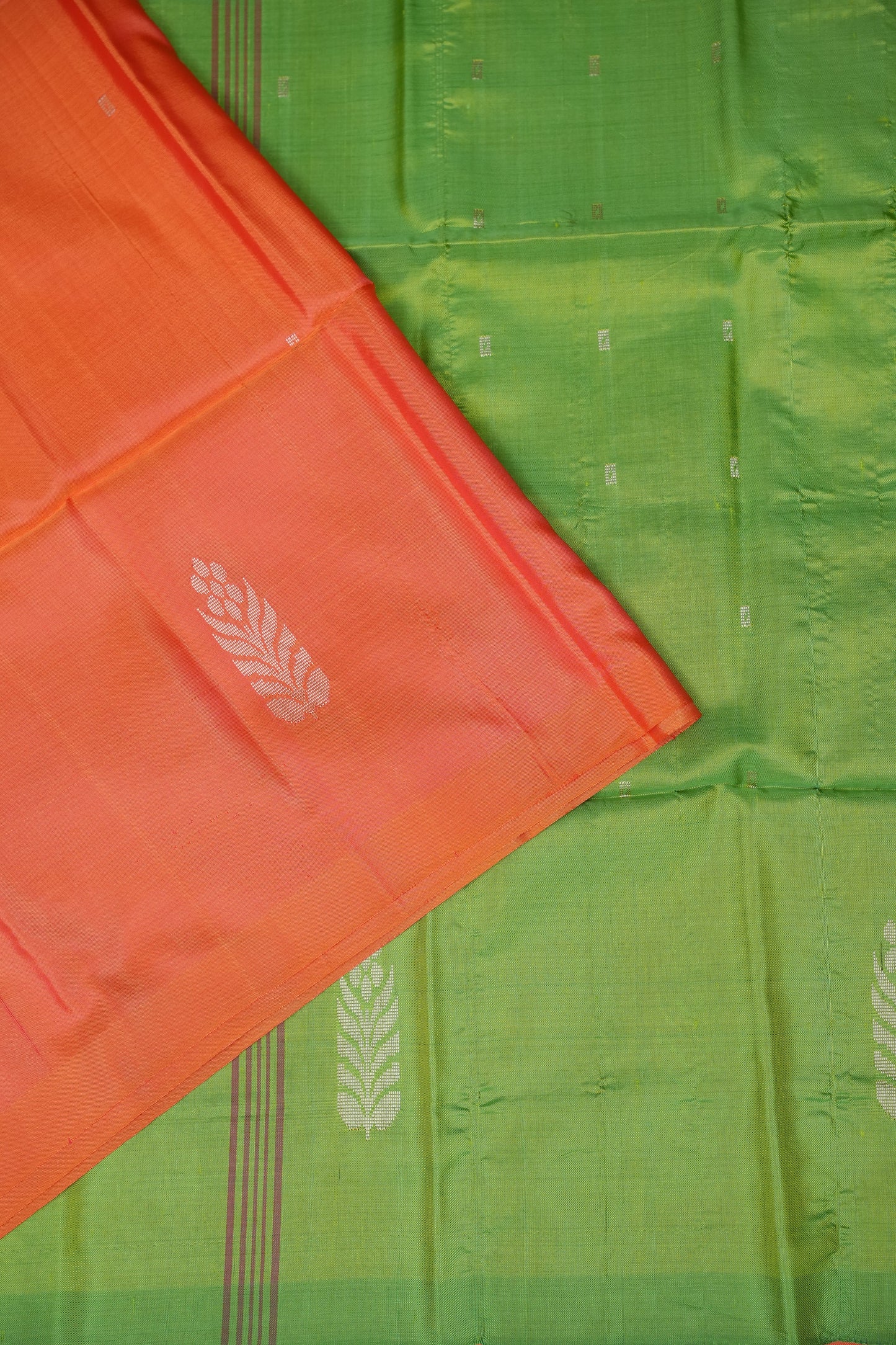 Handwoven Vegan Banana Pith Saree – Coral Orange & Parrot Green Dual-Tone Elegance