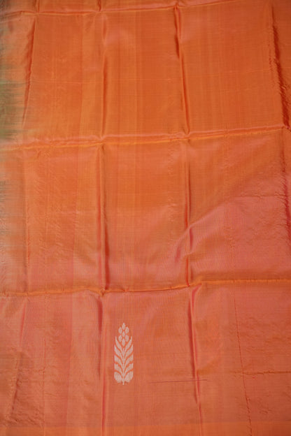 Handwoven Vegan Banana Pith Saree – Coral Orange & Parrot Green Dual-Tone Elegance