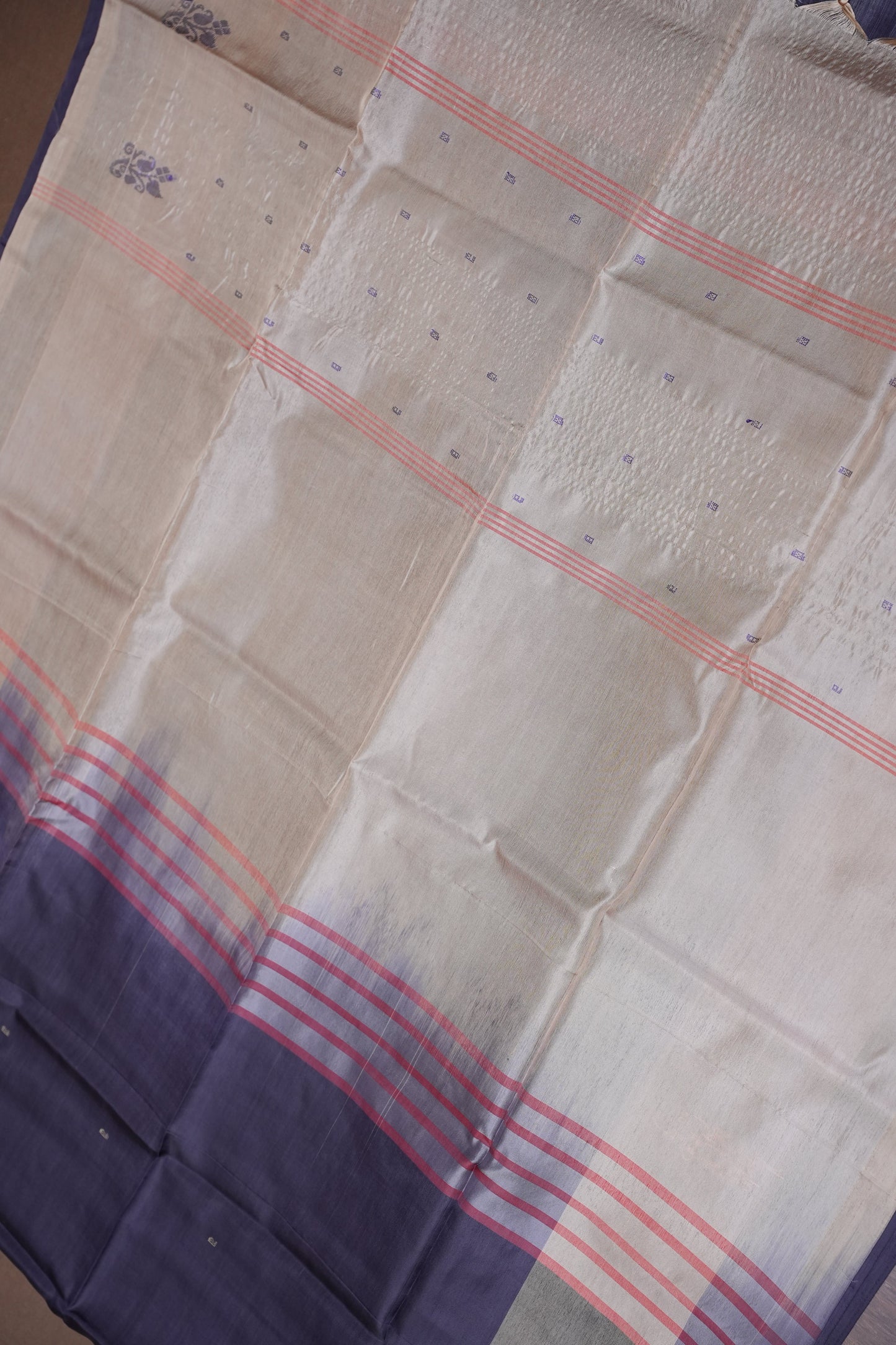 Handwoven Vegan Banana Pith Saree – Midnight Blue & Ivory White with Traditional Motifs