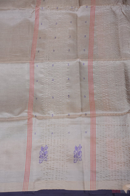 Handwoven Vegan Banana Pith Saree – Midnight Blue & Ivory White with Traditional Motifs