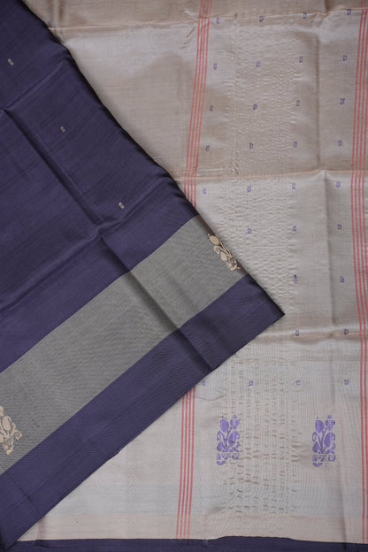 Handwoven Vegan Banana Pith Saree – Midnight Blue & Ivory White with Traditional Motifs