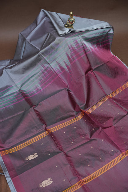 Handwoven Vegan Banana Pith Saree – Silver Grey & Plum Purple with Traditional Peacock Motifs