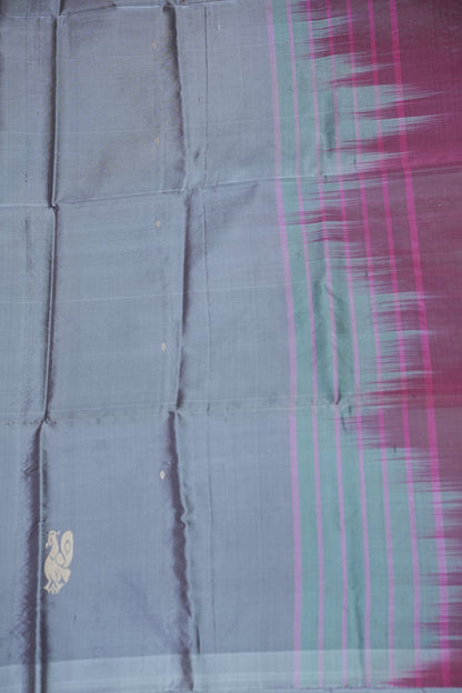 Handwoven Vegan Banana Pith Saree – Silver Grey & Plum Purple with Traditional Peacock Motifs