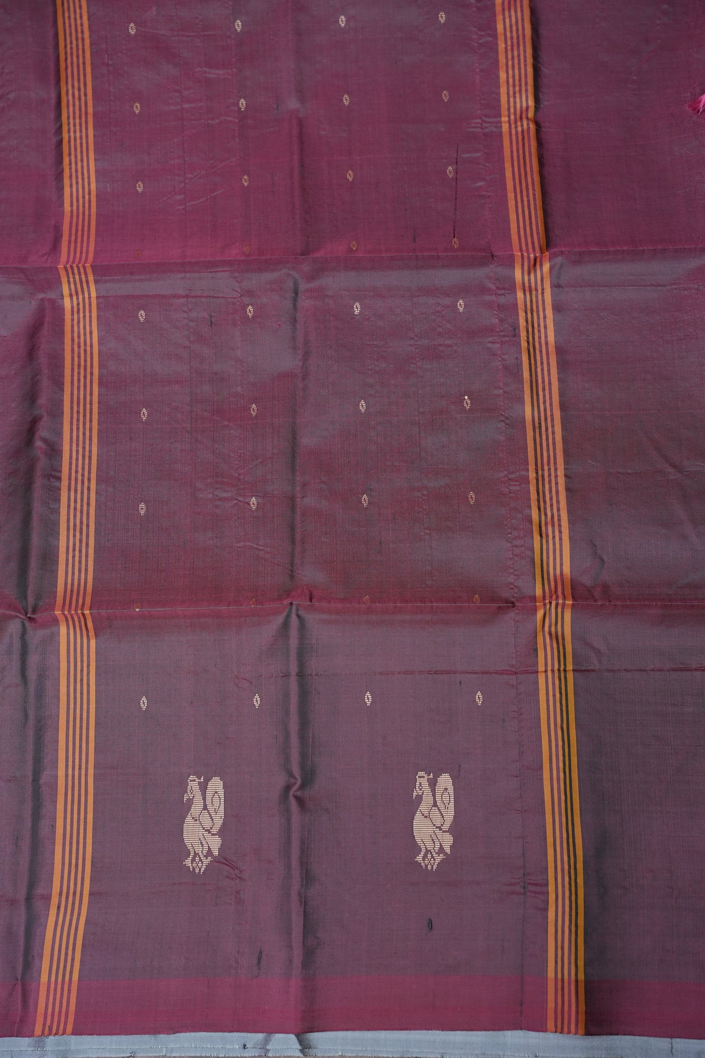 Handwoven Vegan Banana Pith Saree – Silver Grey & Plum Purple with Traditional Peacock Motifs
