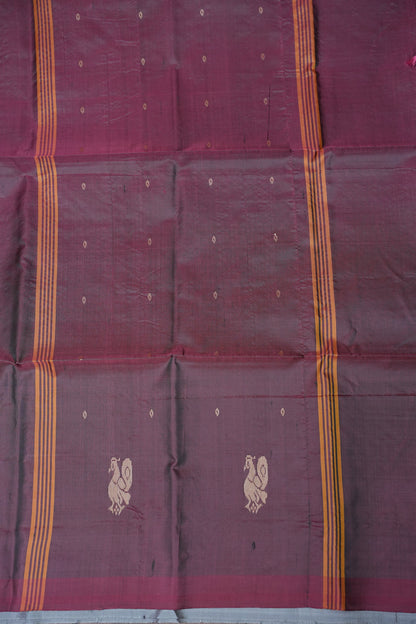 Handwoven Vegan Banana Pith Saree – Silver Grey & Plum Purple with Traditional Peacock Motifs