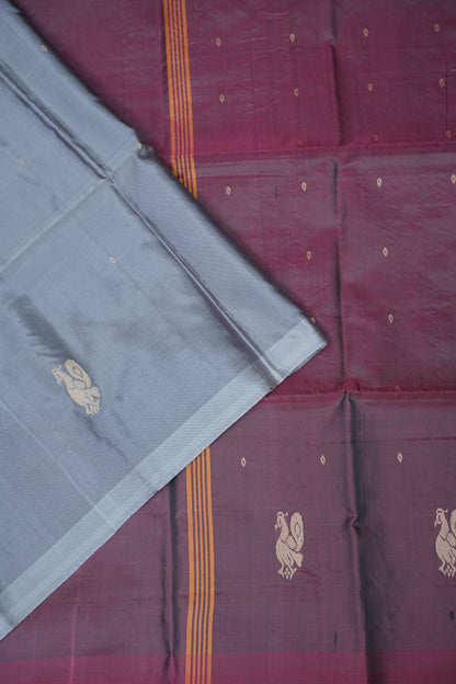 Handwoven Vegan Banana Pith Saree – Silver Grey & Plum Purple with Traditional Peacock Motifs