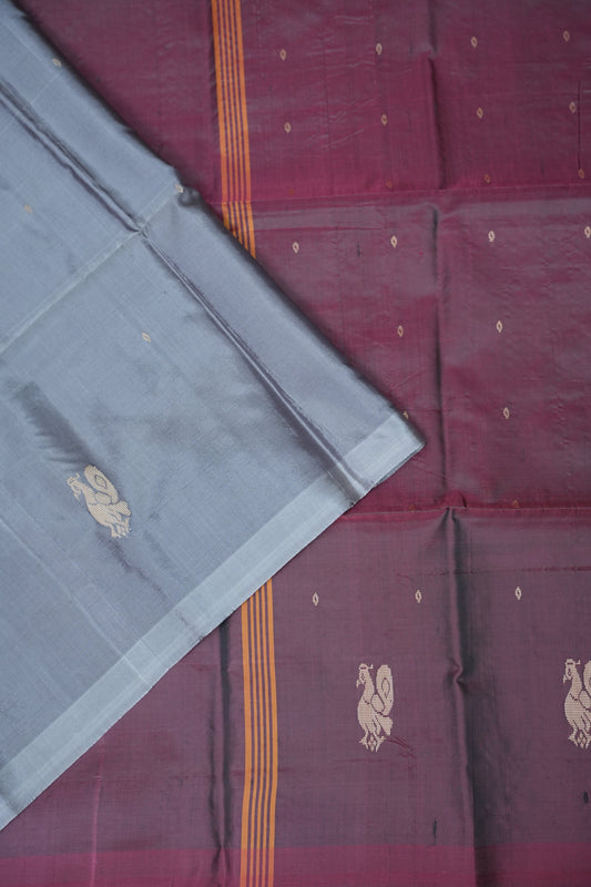 Handwoven Vegan Banana Pith Saree – Silver Grey & Plum Purple with Traditional Peacock Motifs