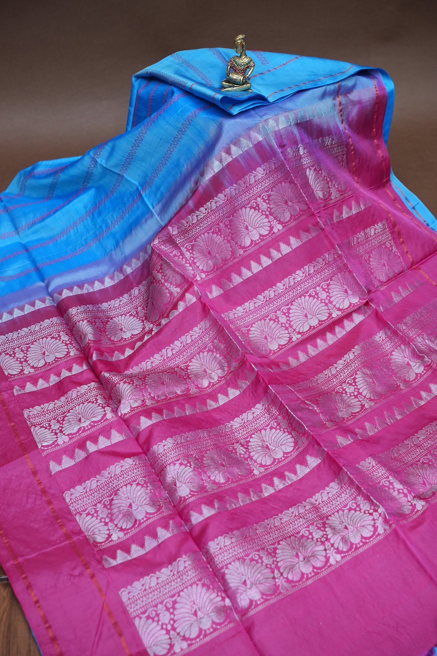 Handwoven Vegan Banana Pith Saree – Sky Blue & Rani Pink with Traditional Woven Pallu