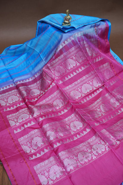 Handwoven Vegan Banana Pith Saree – Sky Blue & Rani Pink with Traditional Woven Pallu