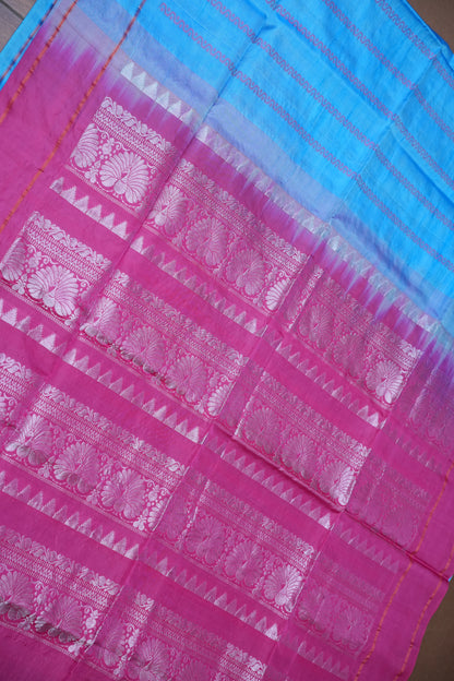 Handwoven Vegan Banana Pith Saree – Sky Blue & Rani Pink with Traditional Woven Pallu