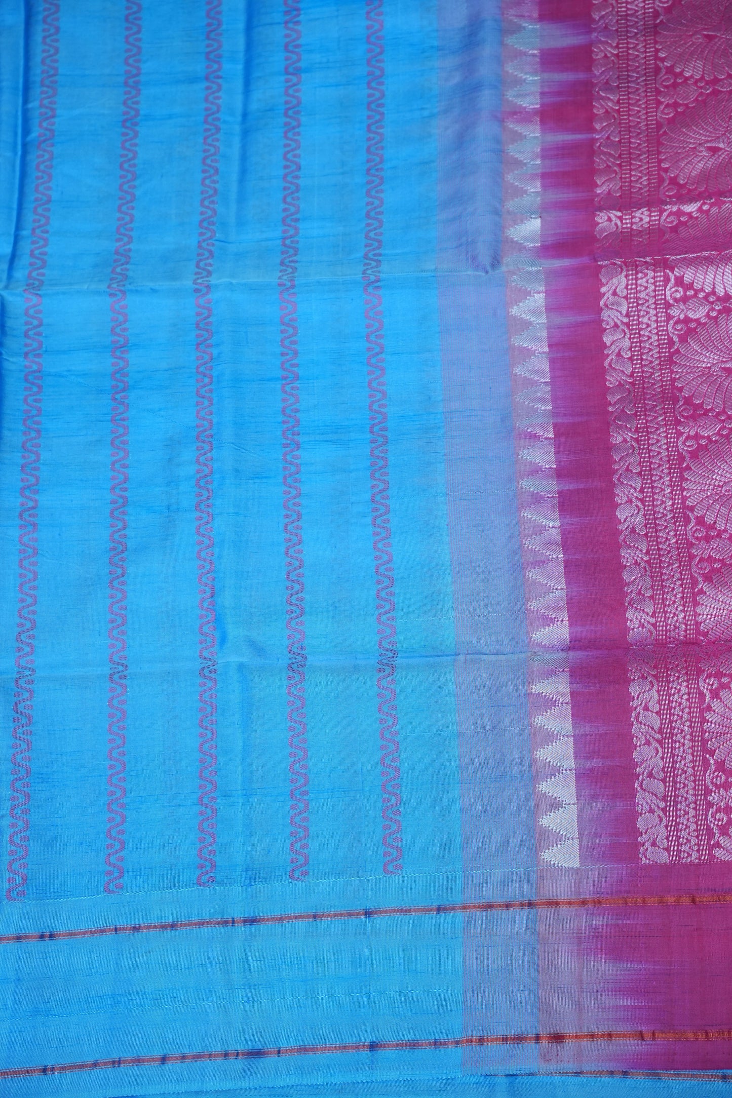 Handwoven Vegan Banana Pith Saree – Sky Blue & Rani Pink with Traditional Woven Pallu