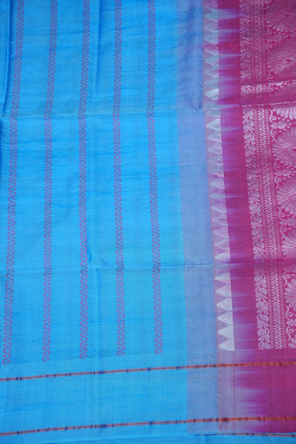 Handwoven Vegan Banana Pith Saree – Sky Blue & Rani Pink with Traditional Woven Pallu