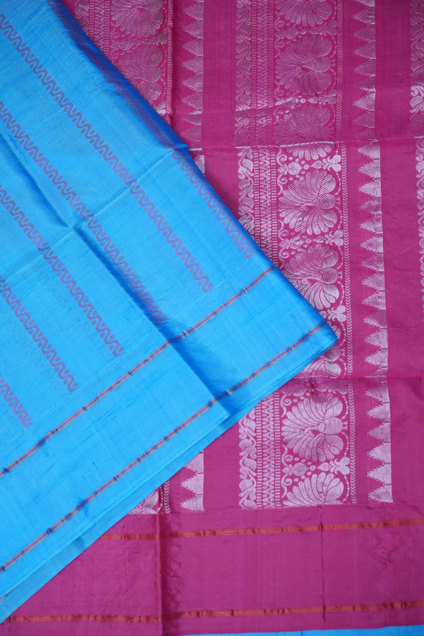 Handwoven Vegan Banana Pith Saree – Sky Blue & Rani Pink with Traditional Woven Pallu
