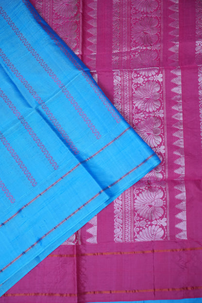 Handwoven Vegan Banana Pith Saree – Sky Blue & Rani Pink with Traditional Woven Pallu