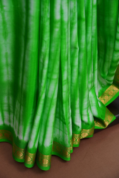 Shibori Tie & Dye Pure Crepe Mysore Silk Saree - Leaf Green