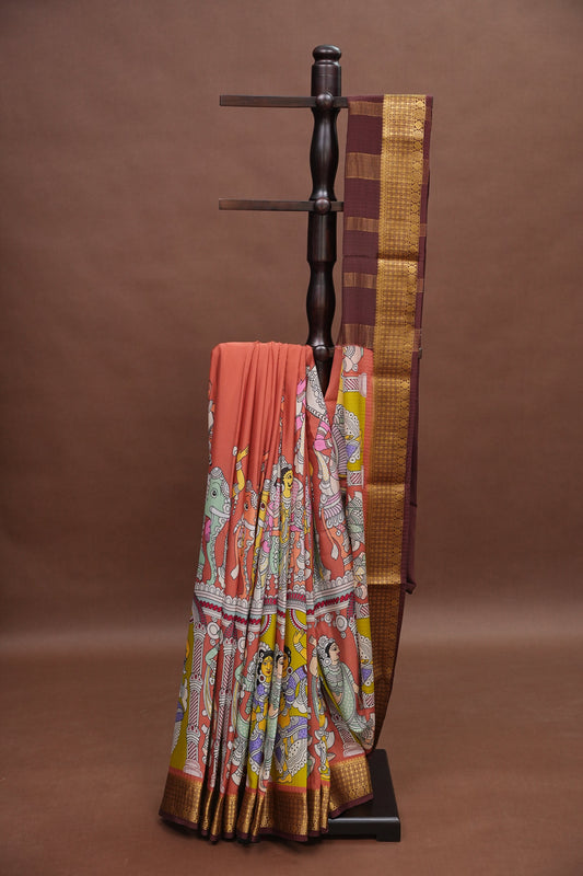 Kalamkari Printed Pure Crepe Mysore Silk Saree - Dark Peach & Chocolate Brown