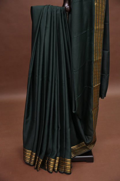 Pure Crepe Mysore Silk Saree - Deep Bottle Green With Gold Zari Border