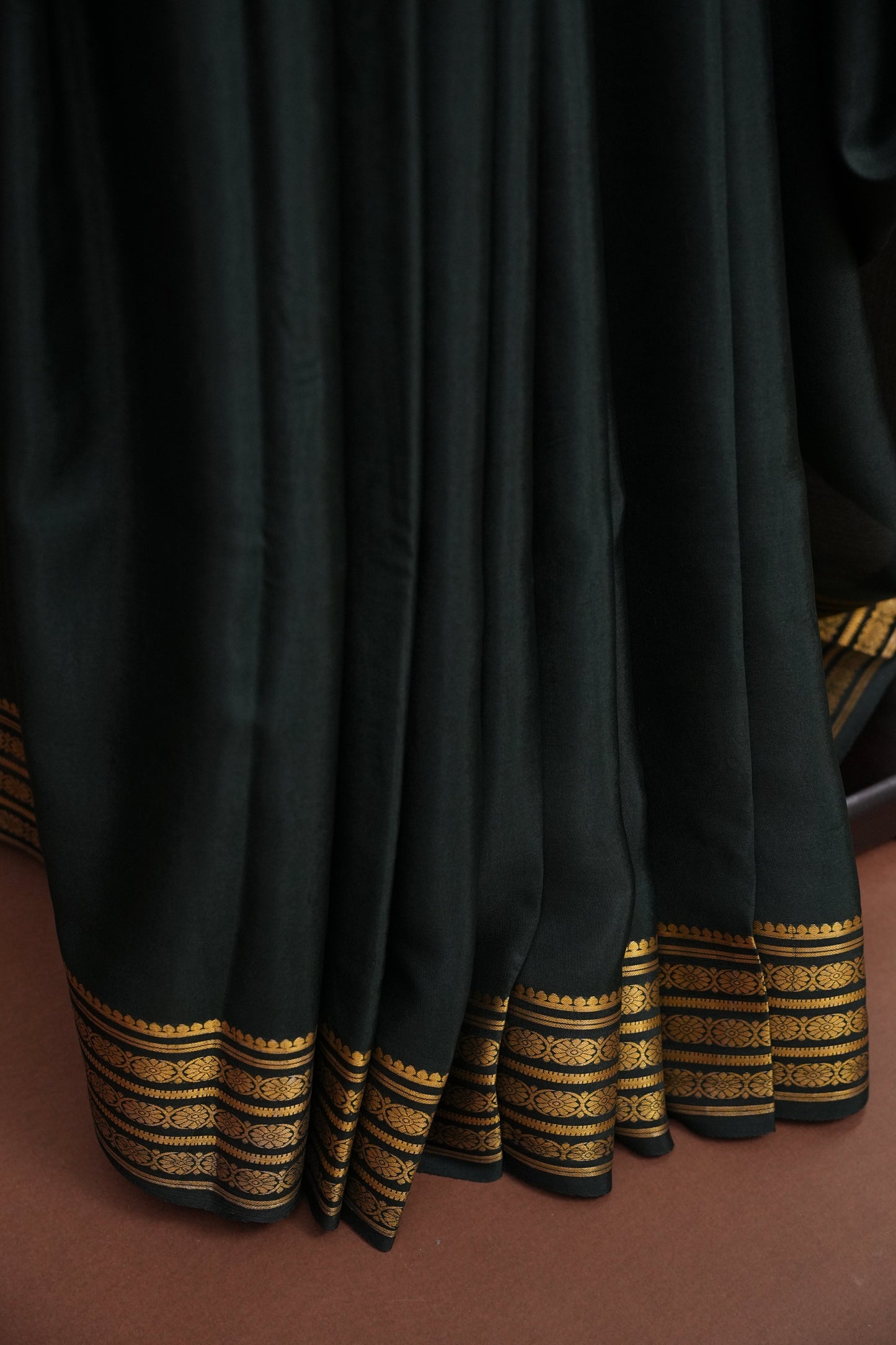 Pure Crepe Mysore Silk Saree - Deep Bottle Green With Gold Zari Border