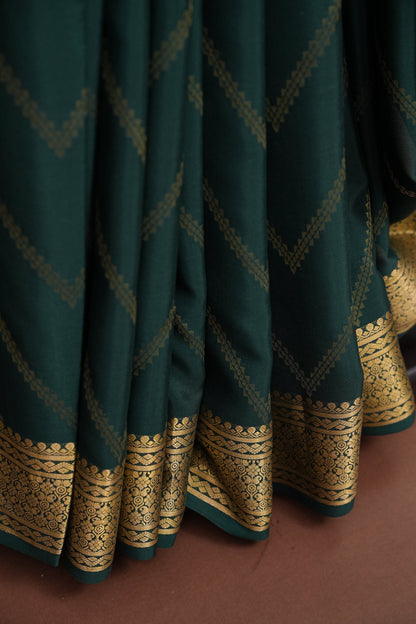 Pure Crepe Mysore Silk Saree - Bottle Green With Gold Zaro Border