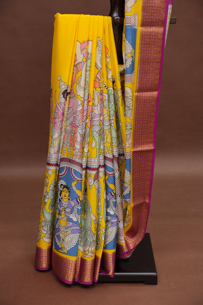 Kalamkari Printed Pure Crepe Mysore Silk Saree - Yellow & Pink Contrast