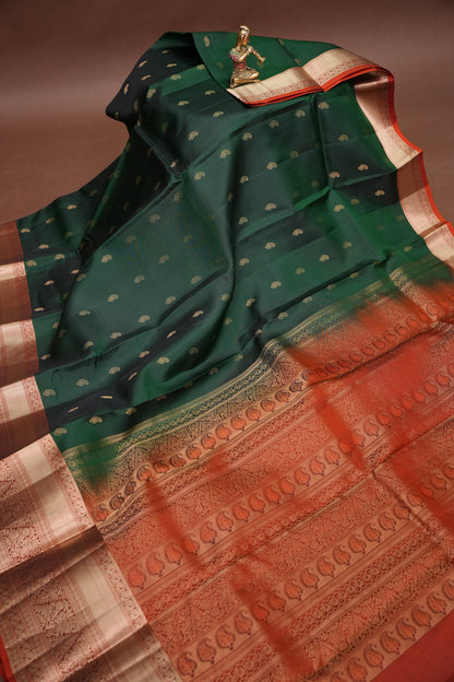 Bottle Green & Rust Orange Pure Kanchipuram Silk Saree|Silk Mark Certified