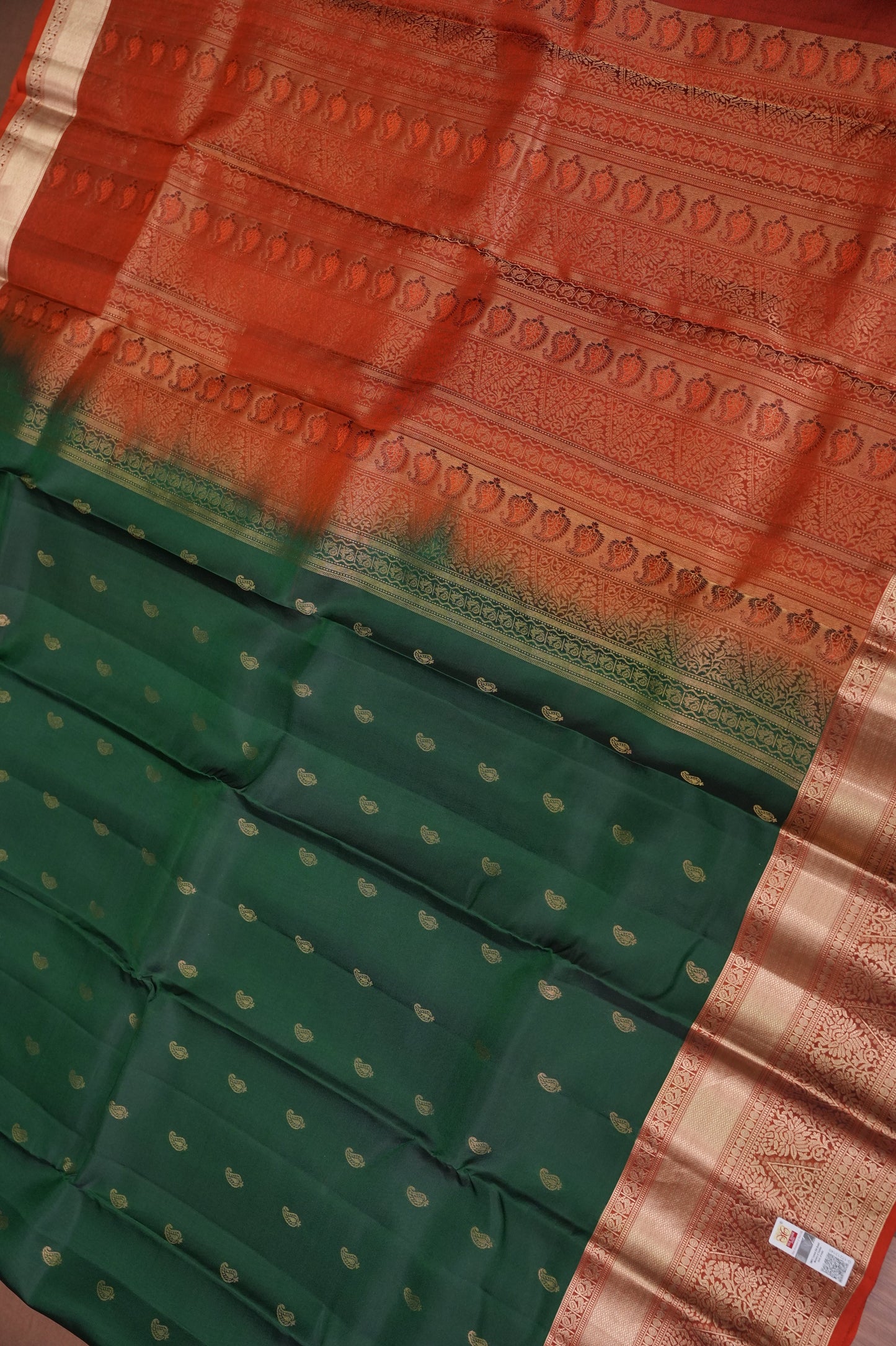 Bottle Green & Rust Orange Pure Kanchipuram Silk Saree|Silk Mark Certified