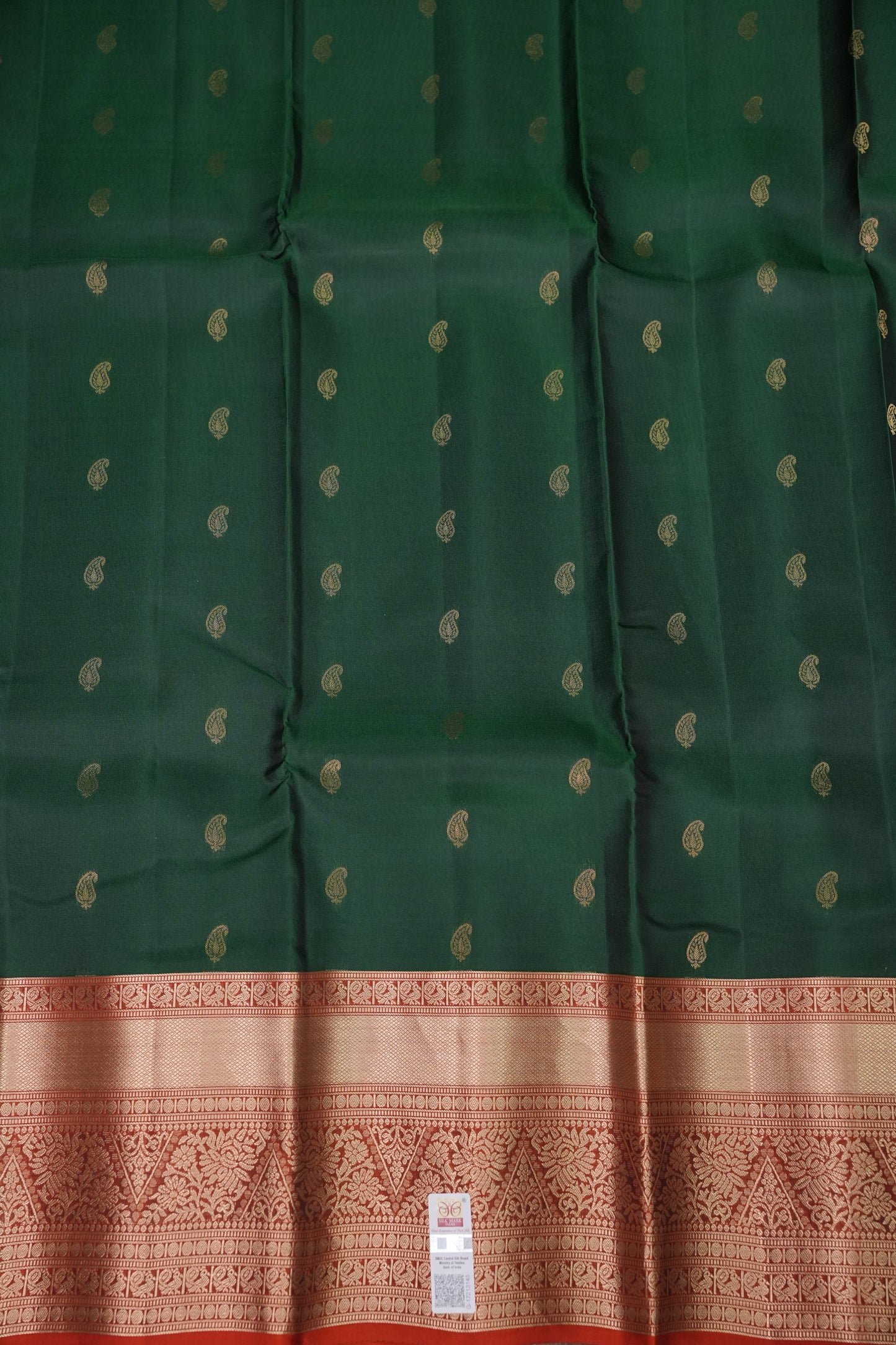 Bottle Green & Rust Orange Pure Kanchipuram Silk Saree|Silk Mark Certified
