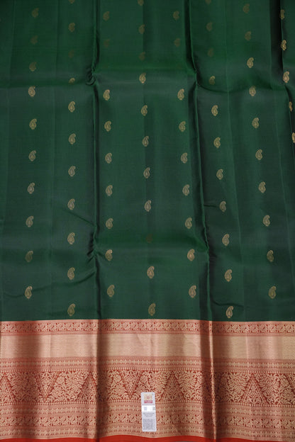 Bottle Green & Rust Orange Pure Kanchipuram Silk Saree|Silk Mark Certified