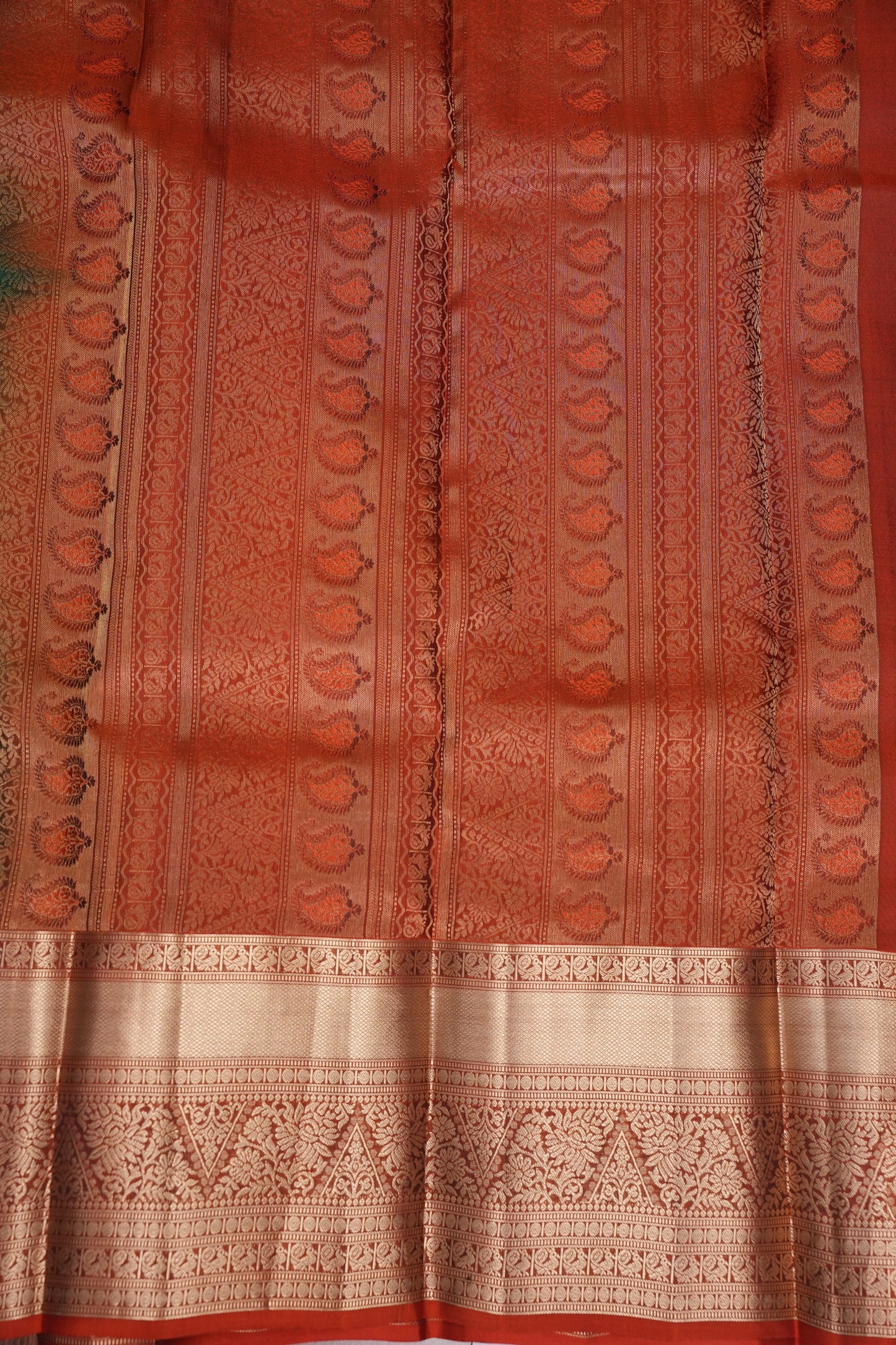 Bottle Green & Rust Orange Pure Kanchipuram Silk Saree|Silk Mark Certified