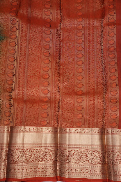 Bottle Green & Rust Orange Pure Kanchipuram Silk Saree|Silk Mark Certified