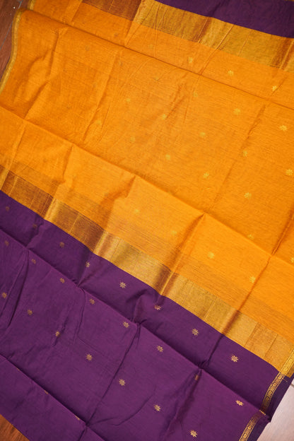 Semi Maheshwari Silk Cotton Saree – Purple & Mustard Yellow with Zari Buttas