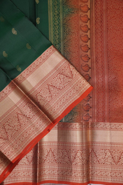 Bottle Green & Rust Orange Pure Kanchipuram Silk Saree|Silk Mark Certified
