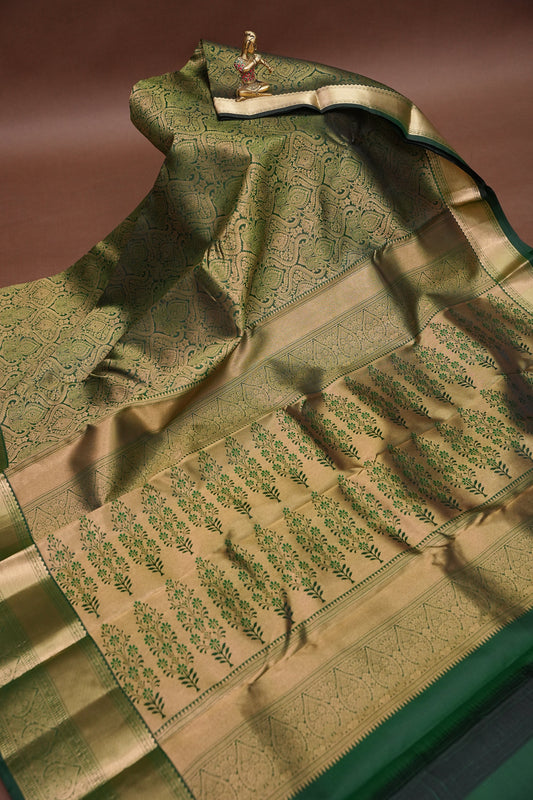 Bottle Green Brocade Pure Kanchipuram Silk Saree|Silk Mark Certified