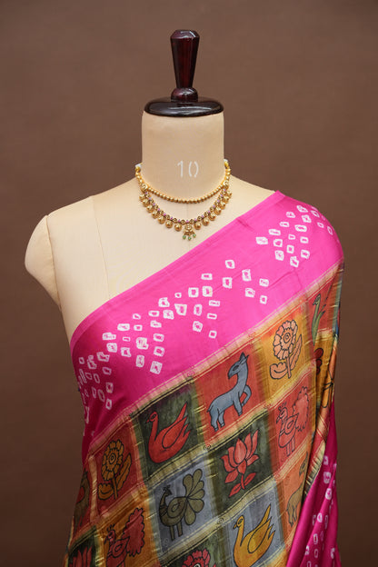 Subarnam's Exclusive Statement Saree – Pure Modal Silk Bandhani Kalamkari Saree