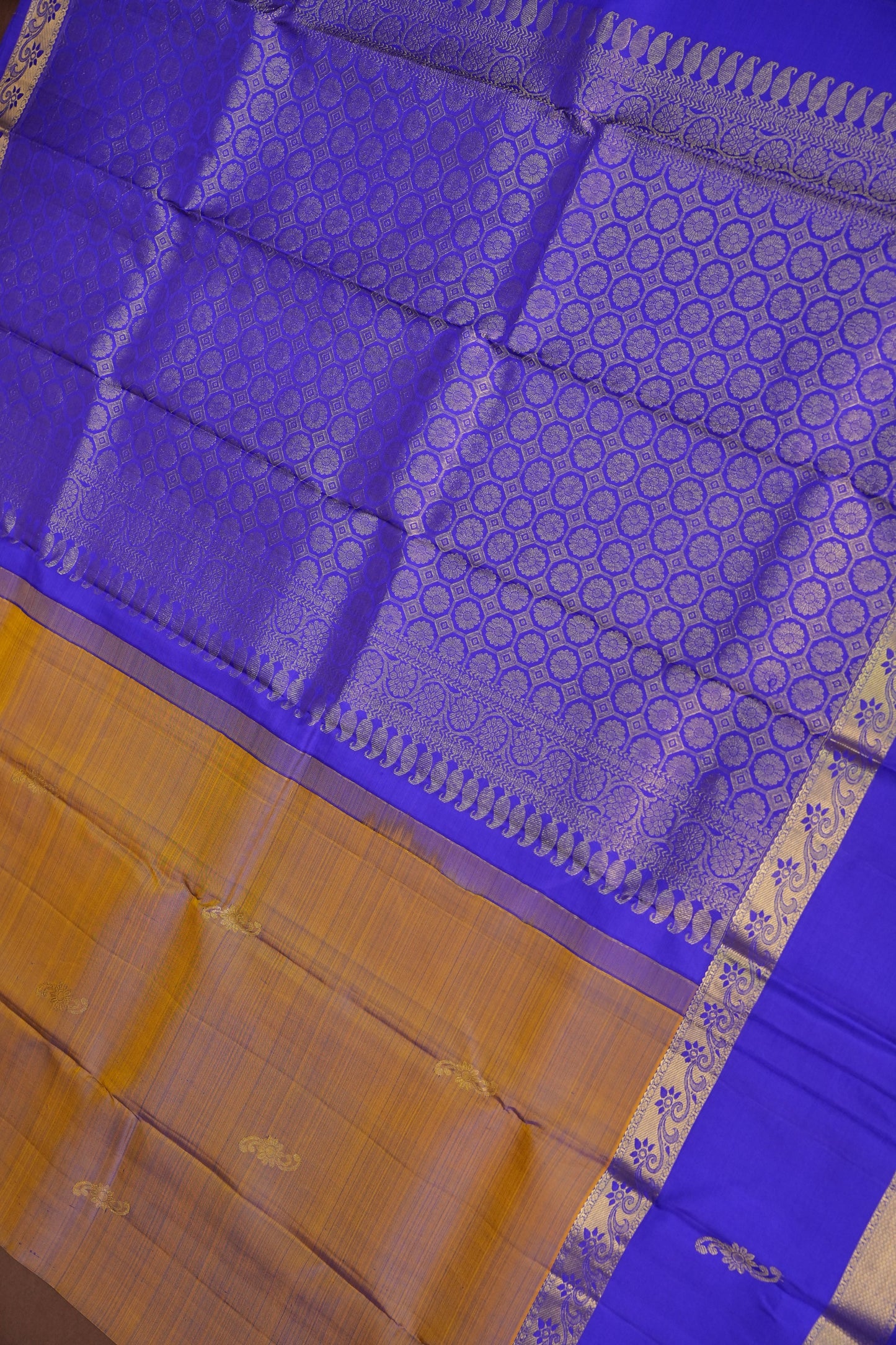 Mustard & Purple Border Pure Kanchipuram Silk Saree|Silk Mark Certified