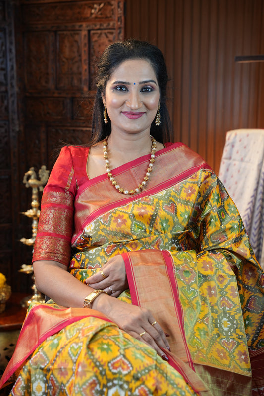 Mustard Yellow Pochampally Ikkat Silk Saree with Red Tissue Border|Silk Mark Certified