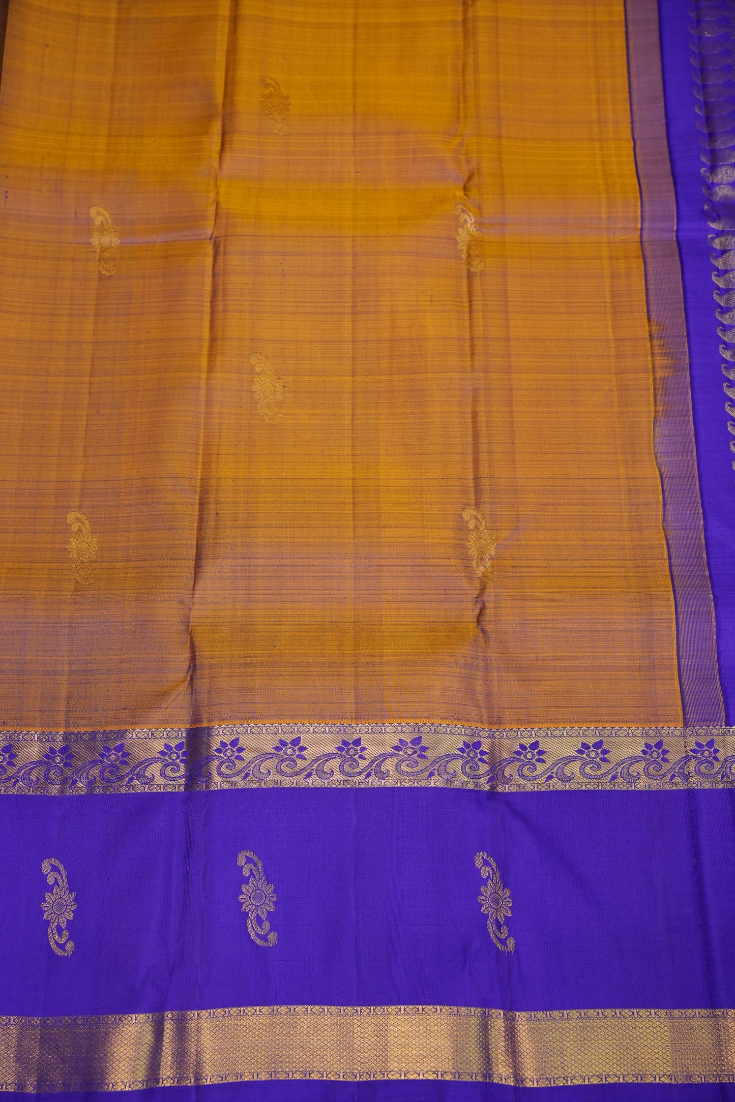 Mustard & Purple Border Pure Kanchipuram Silk Saree|Silk Mark Certified