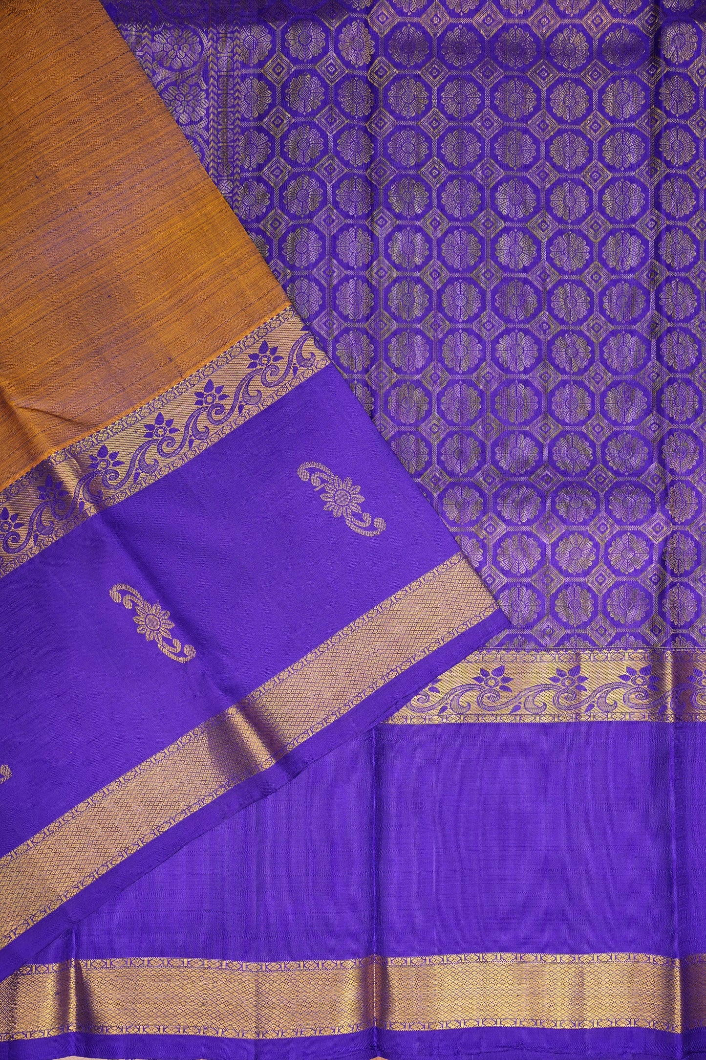 Mustard & Purple Border Pure Kanchipuram Silk Saree|Silk Mark Certified
