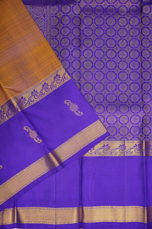 Mustard & Purple Border Pure Kanchipuram Silk Saree|Silk Mark Certified