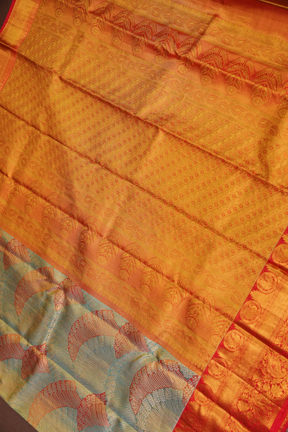 Sea Green & Vermilion Red Pure Tissue Kanchipuram Silk Saree|Silk Mark Certified