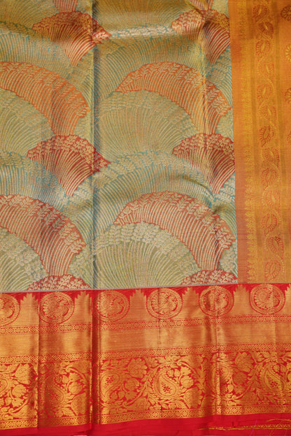 Sea Green & Vermilion Red Pure Tissue Kanchipuram Silk Saree|Silk Mark Certified